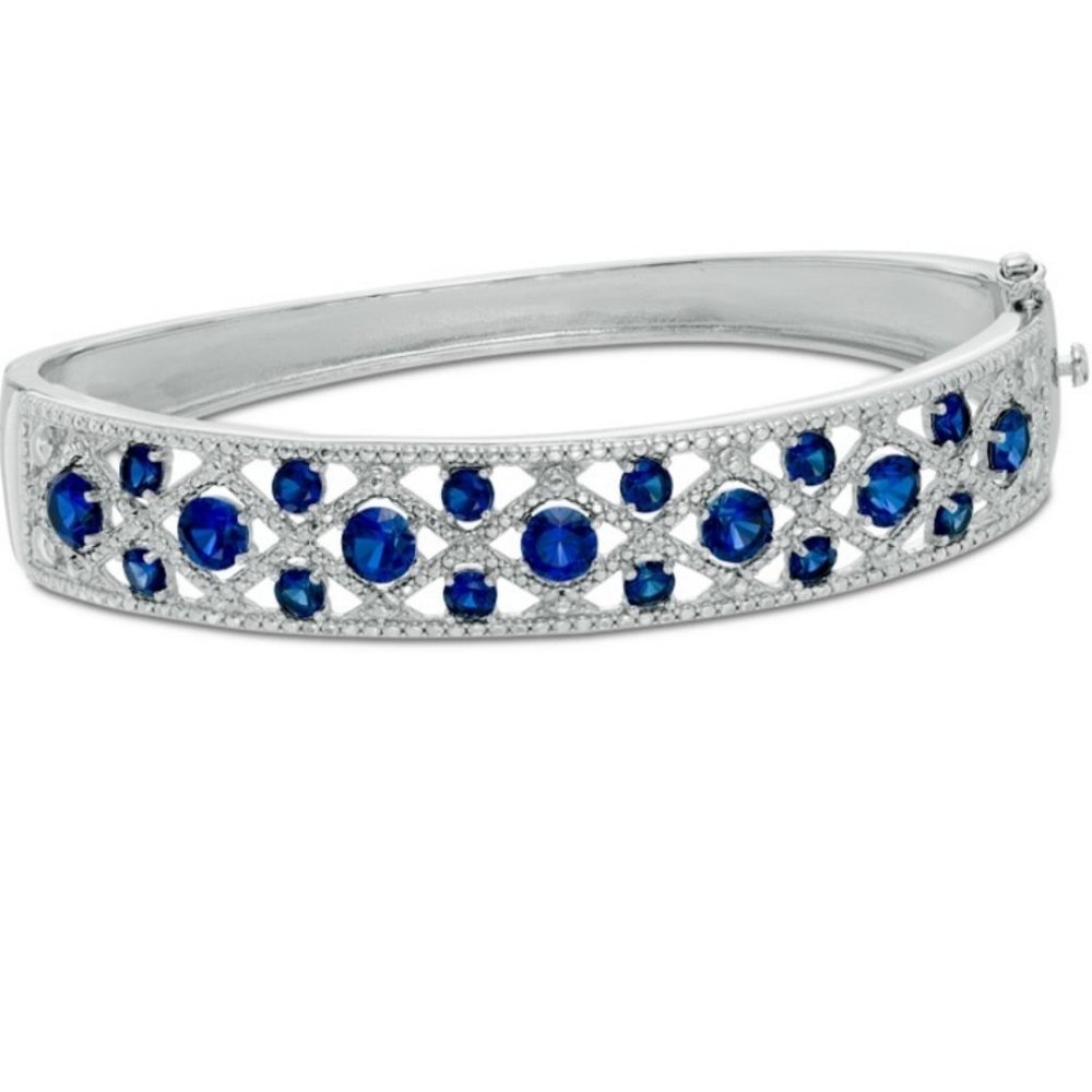 Lab-Created Blue Sapphire and Diamond Accent Woven Bangle in Sterling Silver - 7